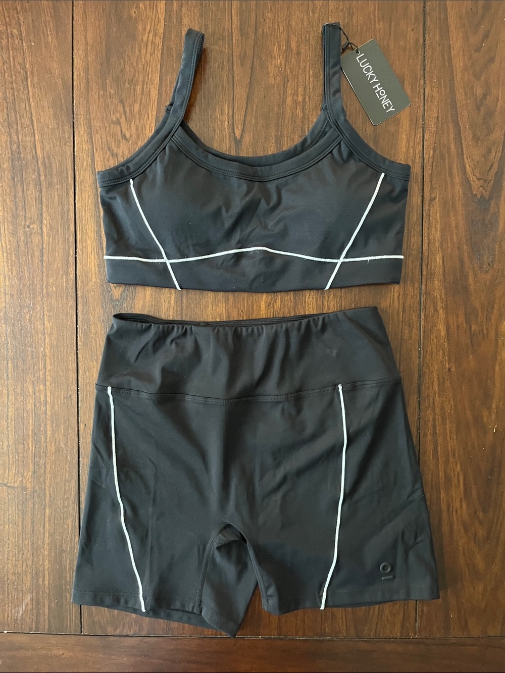 Lucky Honey Black Contrast-Piped Sports Bra & High-Waist Bike Shorts Set